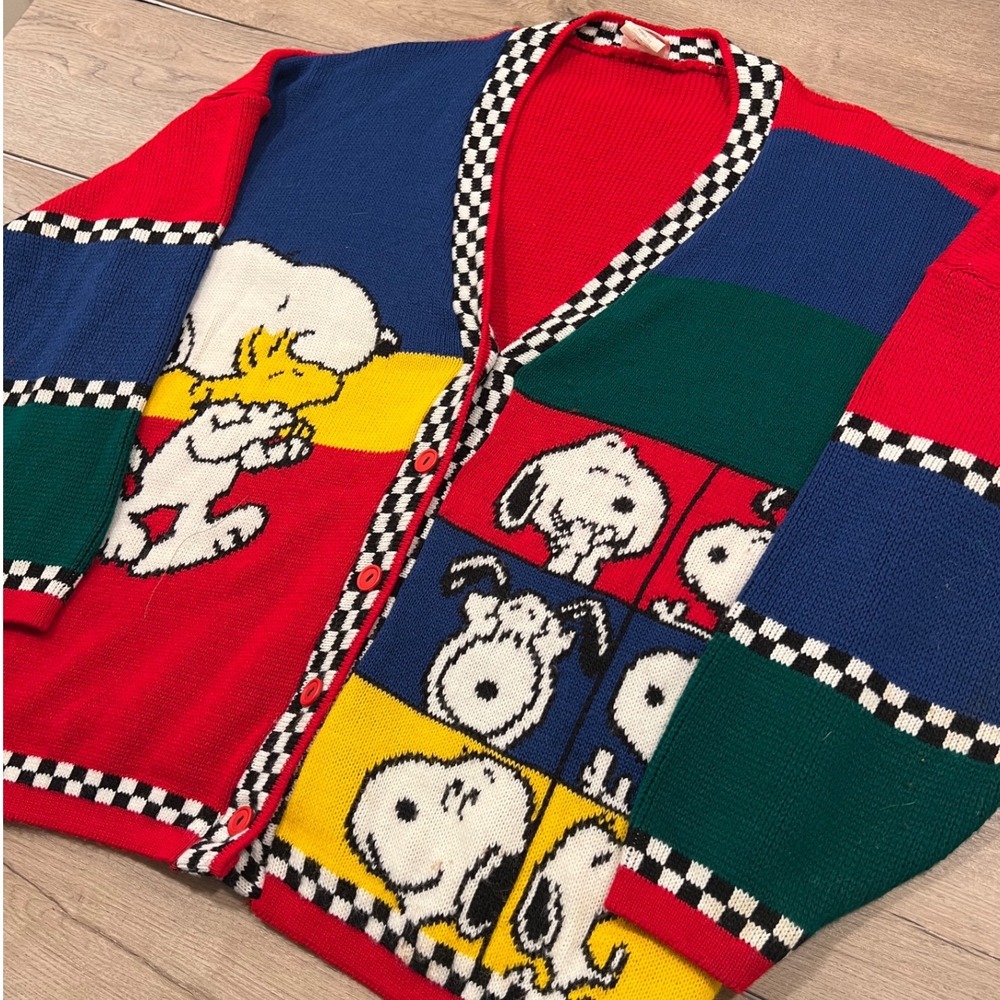 Vintage Snoopy & Friends Peanuts Colorblock Cardigan Sweater Large Made in USA